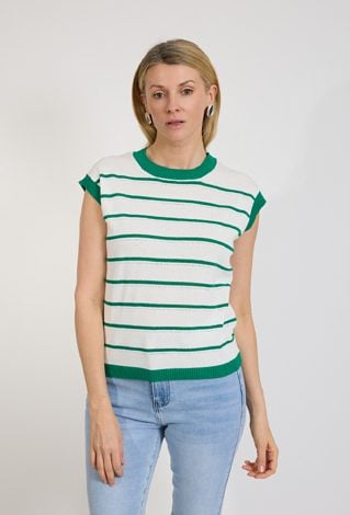 Sweter damski w paski biało-zielony bez rękawów