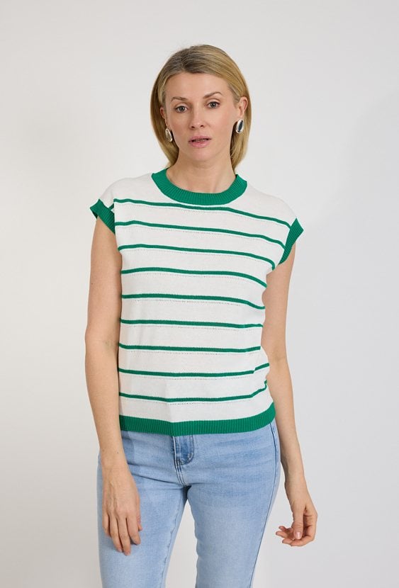 Sweter damski w paski biało-zielony bez rękawów