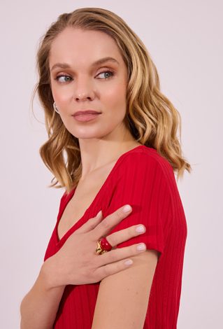 Czerwona Bluzka w Prążek z Dekoltem