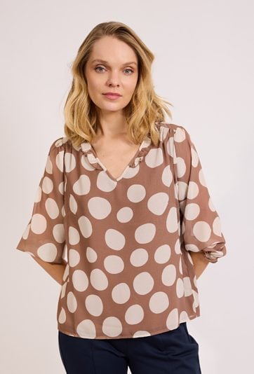 Bluzka damska w groszki brązowa elegancka