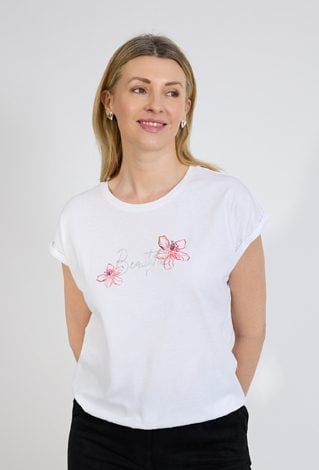Biały t-shirt damski z napisem i kwiatami