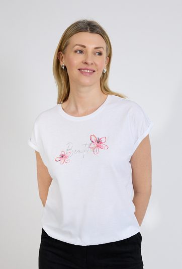 Biały t-shirt damski z napisem i kwiatami