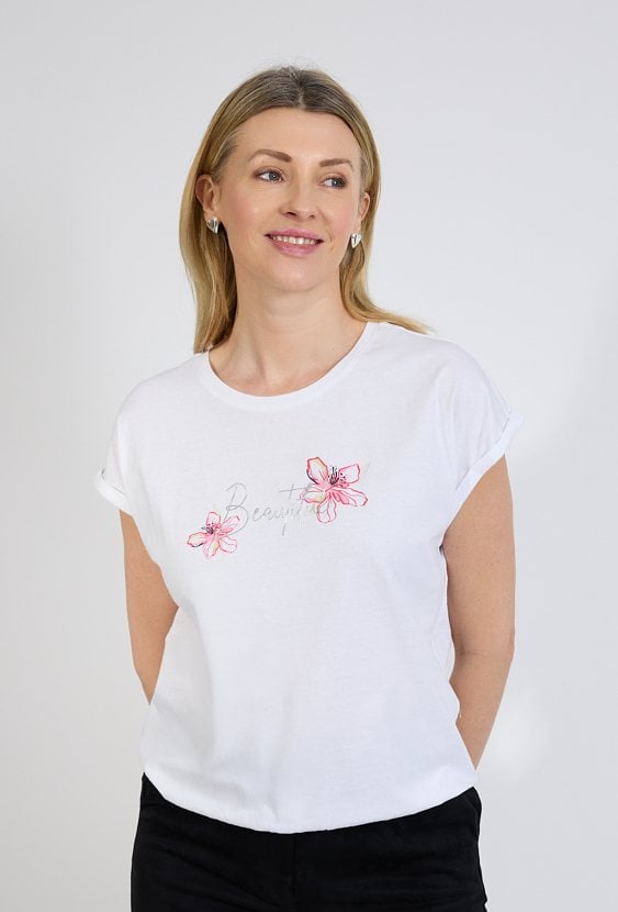 Biały t-shirt damski z napisem i kwiatami