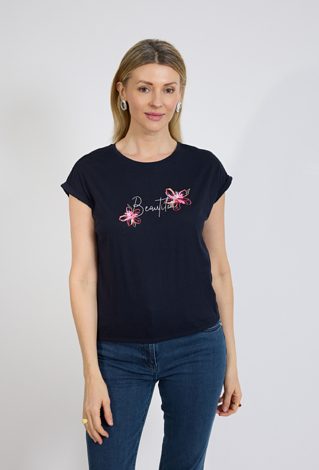 Granatowy t-shirt damski z napisem i kwiatami | QUIOSQUE
