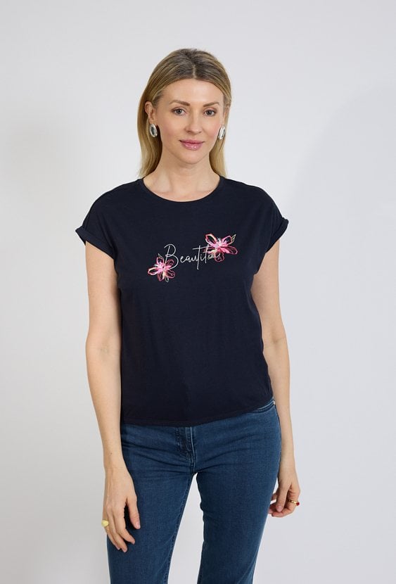 Granatowy t-shirt damski z napisem i kwiatami | QUIOSQUE