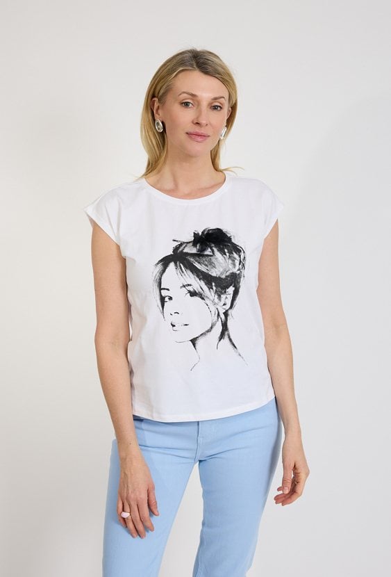 T-shirt damski biały z grafiką twarzy