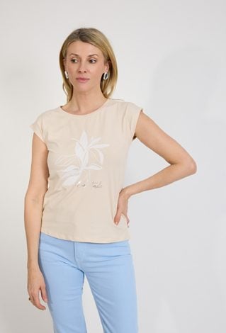 Beżowy t-shirt damski z nadrukiem roślinnym