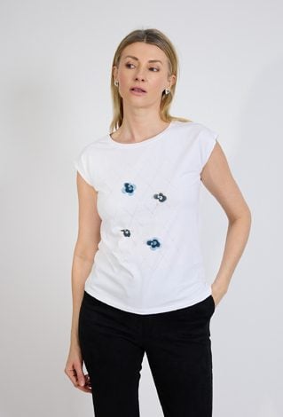 Biały t-shirt damski z aplikacją kwiatową