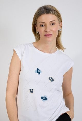 Biały t-shirt damski z aplikacją kwiatową