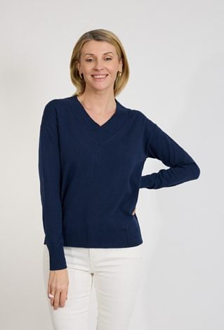 Granatowy sweter damski z dekoltem V