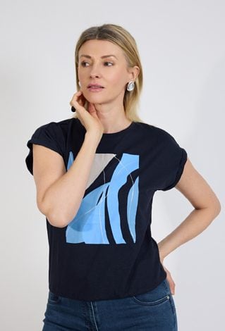 Granatowy T-shirt damski z nowoczesnym nadrukiem