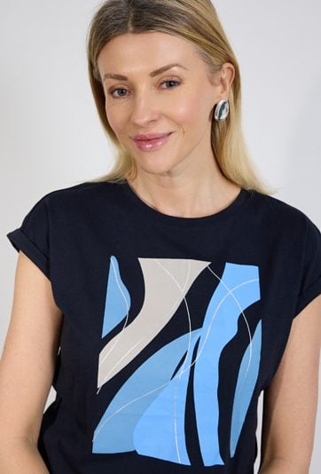 Granatowy T-shirt damski z nowoczesnym nadrukiem