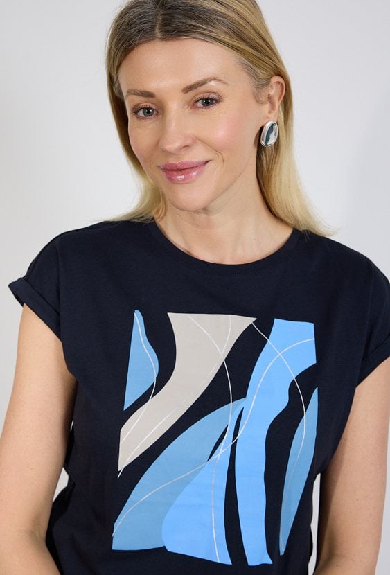 Granatowy T-shirt damski z nowoczesnym nadrukiem