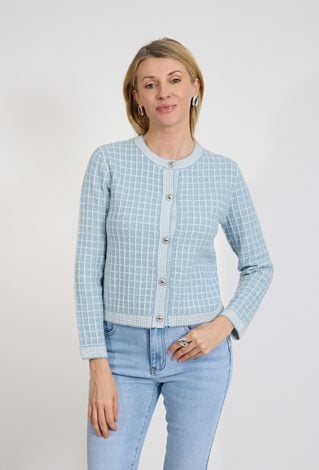 Niebieski kardigan damski w kratkę zapinany na guziki