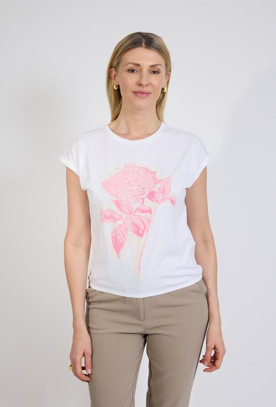 T-shirt damski biały z różowym motywem kwiatowym