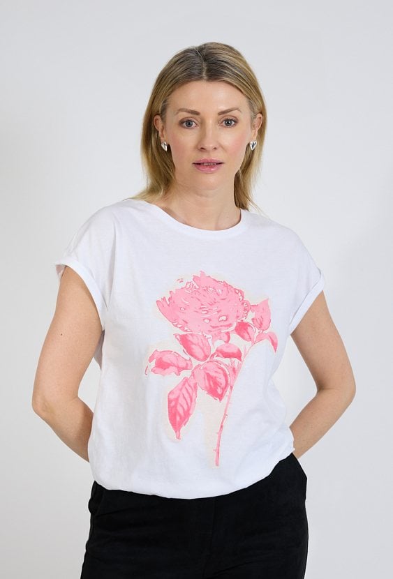 T-shirt damski biały z różowym motywem kwiatowym