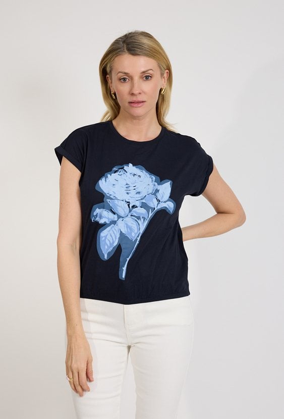 Granatowy t-shirt damski z kwiatowym nadrukiem