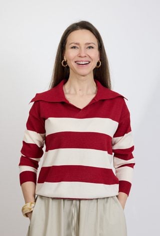 Sweter damski w czerwono-beżowe paski