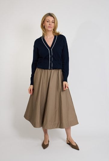 Beżowa spódnica midi rozkloszowana z wysokim stanem