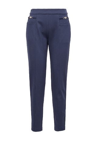 Granatowe spodnie damskie cygaretki z ozdobnym detalem