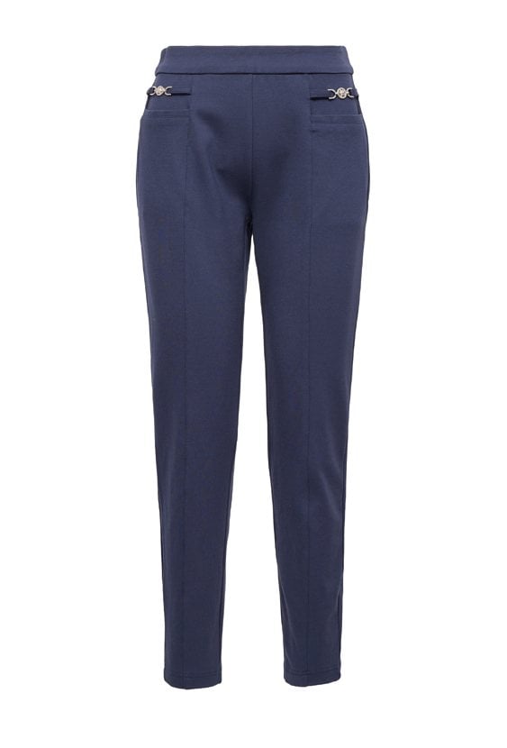 Granatowe spodnie damskie cygaretki z ozdobnym detalem