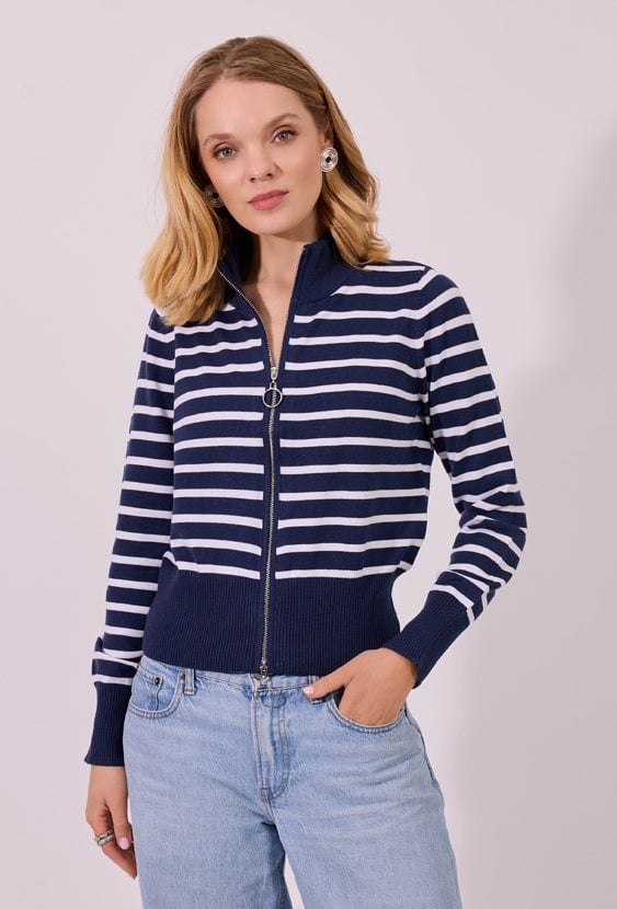 Granatowy Sweter w Paski Rozpinany na Zamek