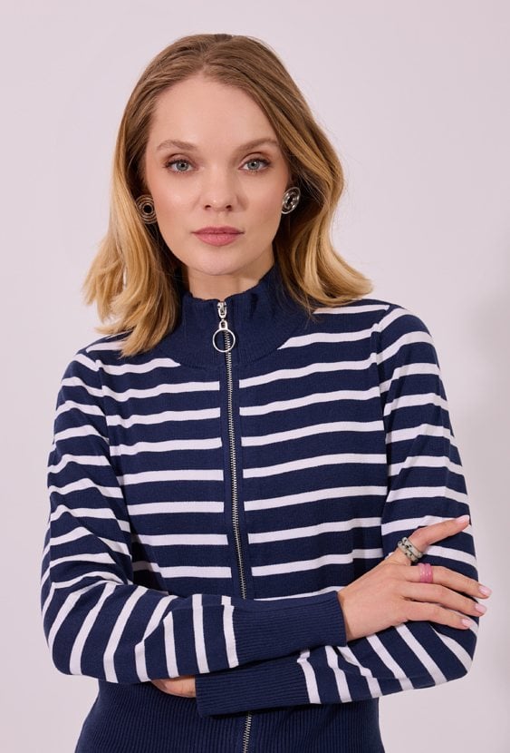 Granatowy Sweter w Paski Rozpinany na Zamek