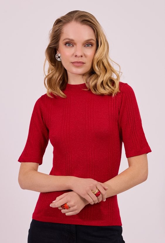 Czerwony Sweter Dzianinowy z Połyskiem