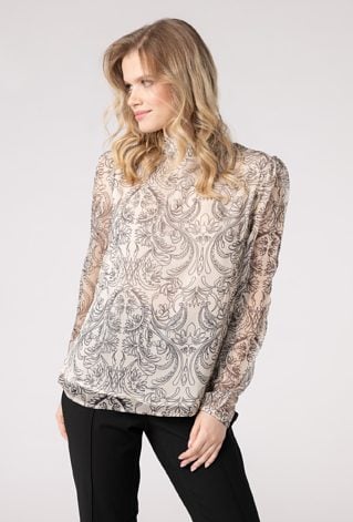 Wzorzysta bluzka z długim rękawem i stójką