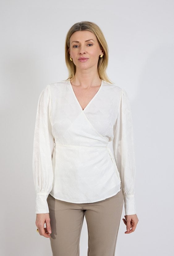 Biała bluzka kopertowa damska elegancka z długim rękawem