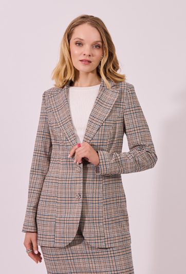 Beżowy żakiet w kratę damski | elegancki fason | QUIOSQUE
