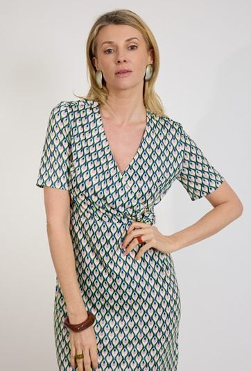 Sukienka damska kopertowa z geometrycznym wzorem