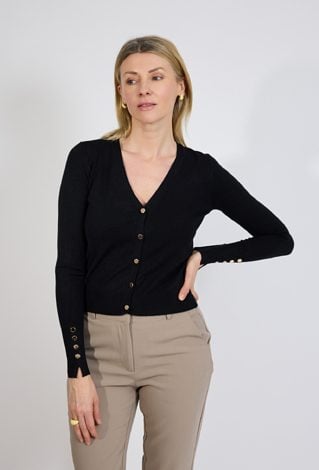 Czarny kardigan damski z dekoltem V i złotymi guzikami