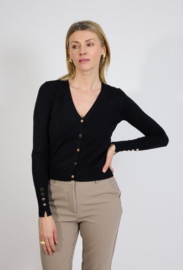 Czarny kardigan damski z dekoltem V i złotymi guzikami