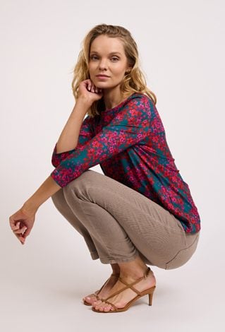 Zielona bluzka w kwiaty z rękawem 3/4