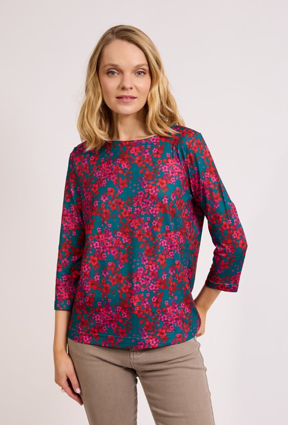 Zielona bluzka w kwiaty z rękawem 3/4