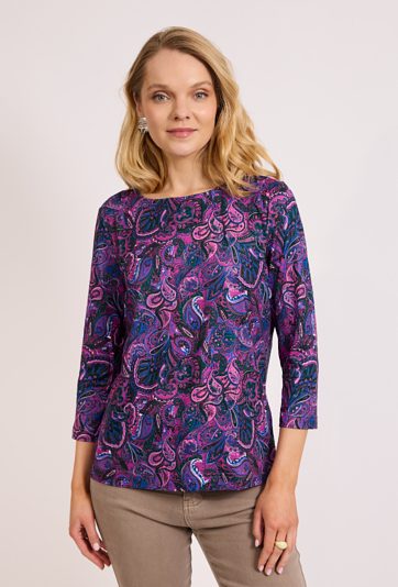 Fioletowa bluzka paisley z rękawem 3/4