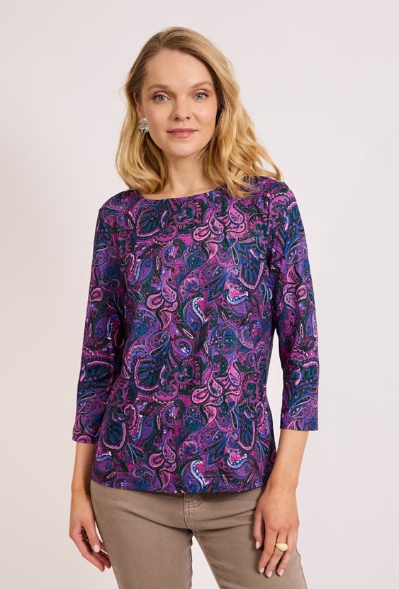 Fioletowa bluzka paisley z rękawem 3/4
