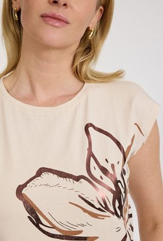 Beżowy t-shirt damski z dużym nadrukiem motyla