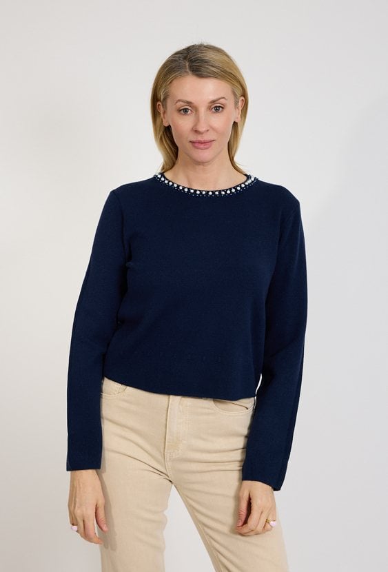Granatowy sweter damski z ozdobnym dekoltem