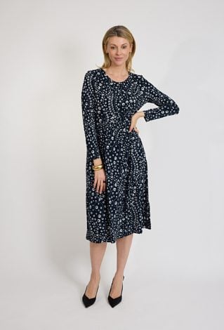 Granatowa sukienka damska we wzór z kołnierzykiem