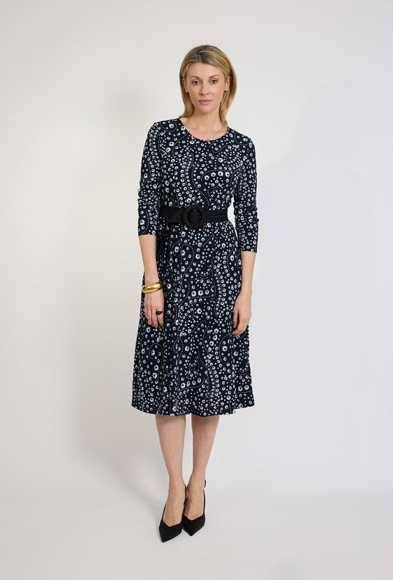 Granatowa sukienka damska we wzór z kołnierzykiem