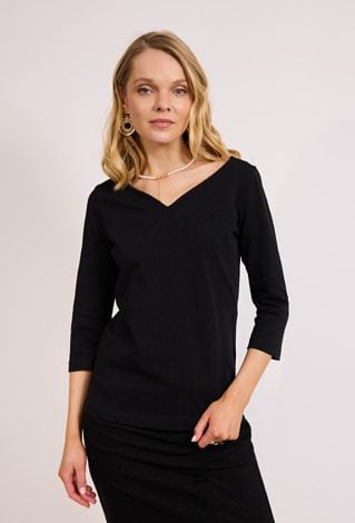 Czarna bluzka z dekoltem V i rękawem 3/4