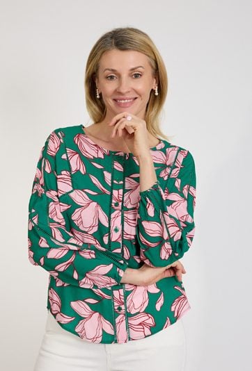 Zielona koszula damska w kwiaty z guzikami