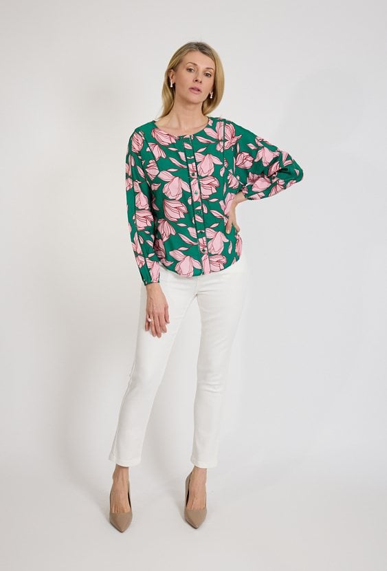 Zielona koszula damska w kwiaty z guzikami