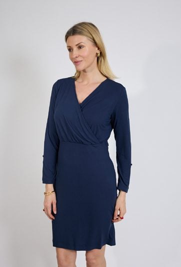Granatowa sukienka kopertowa z długim rękawem