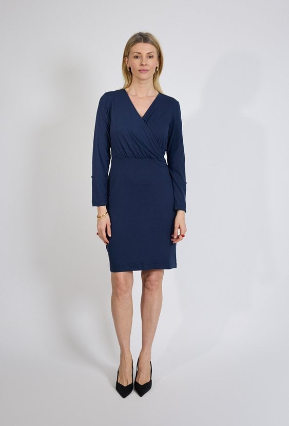 Granatowa sukienka kopertowa z długim rękawem