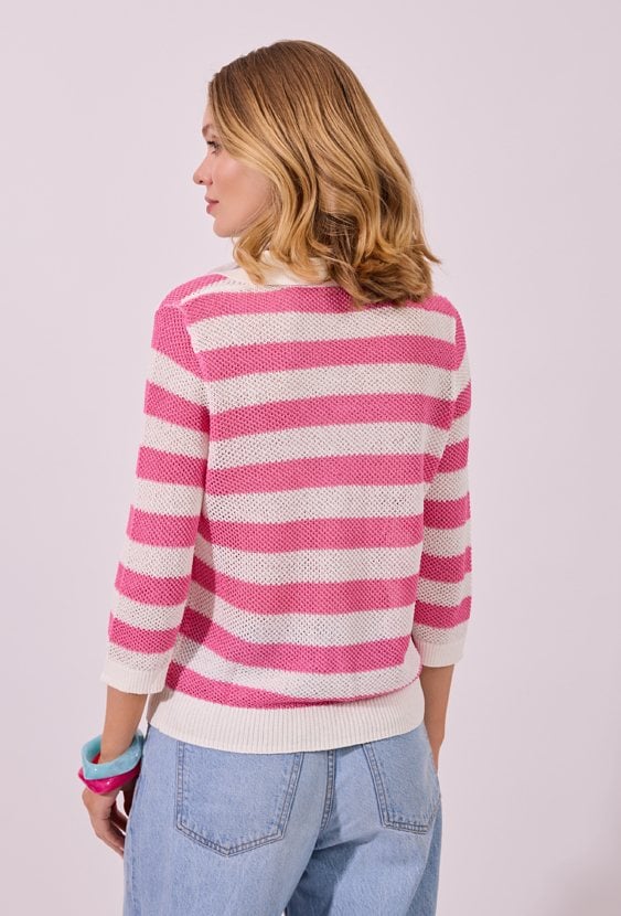 Różowy Sweter w Paski z Kołnierzykiem