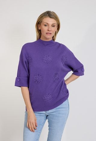 Fioletowy sweter damski z aplikacją kwiatową