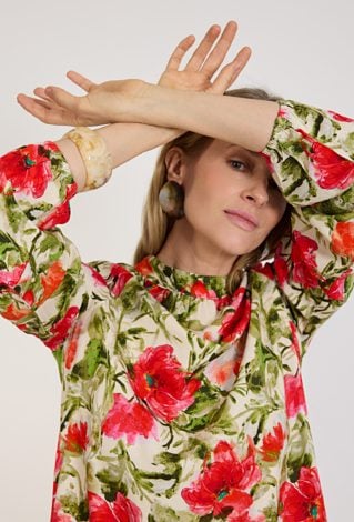 Sukienka damska w czerwone kwiaty z długim rękawem